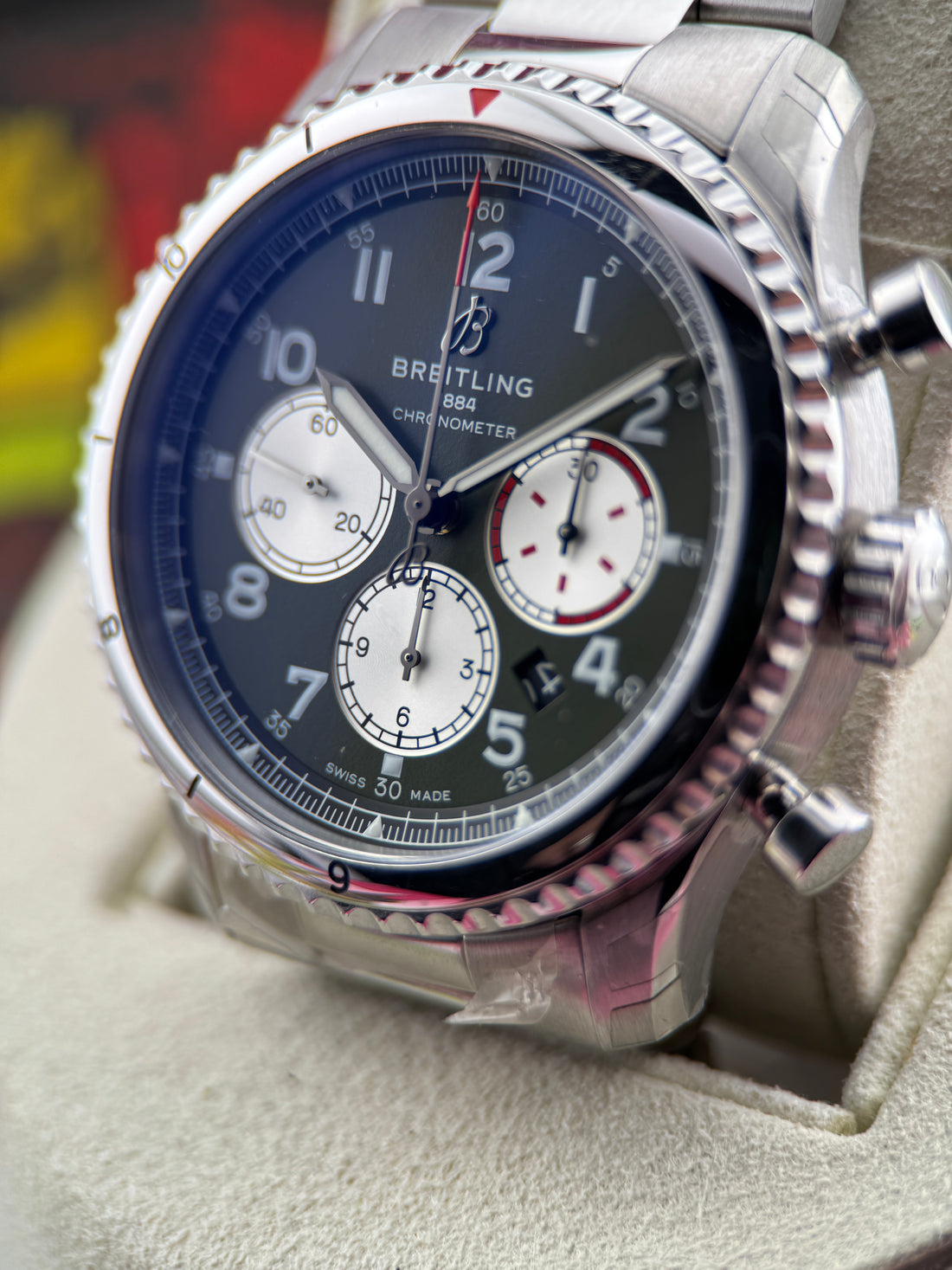 Breitling Aviator 8 B01 Chronograph 43 Curtiss Warhawk Watch - Steel - Green Dial - Steel Bracelet - AB01192A1L1A1